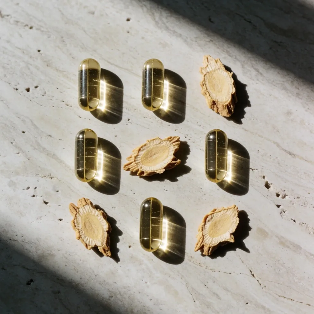 Zinc capsules and ginseng slices arranged on limestone slab