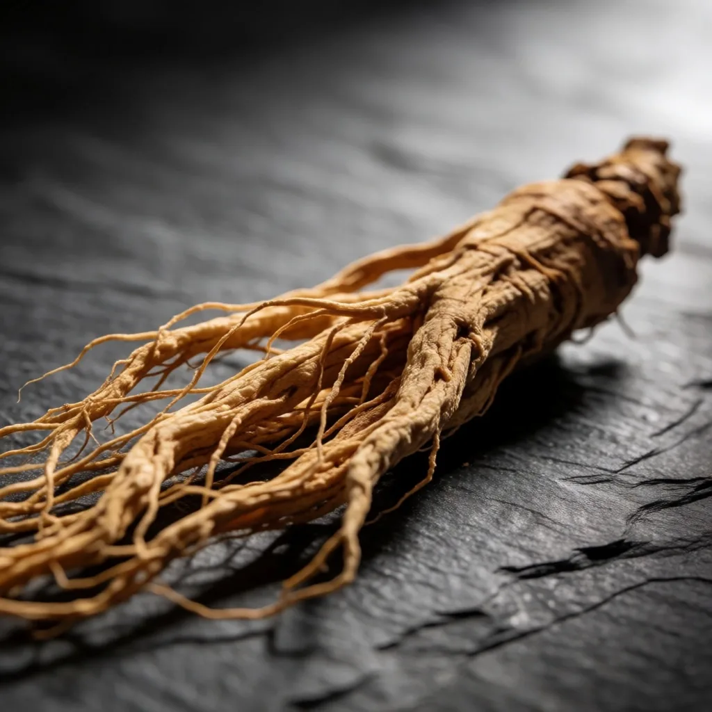 Dried ginseng root on a stone slab under directional light