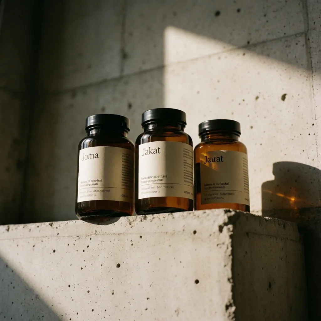 Amber glass supplement bottles on concrete surface