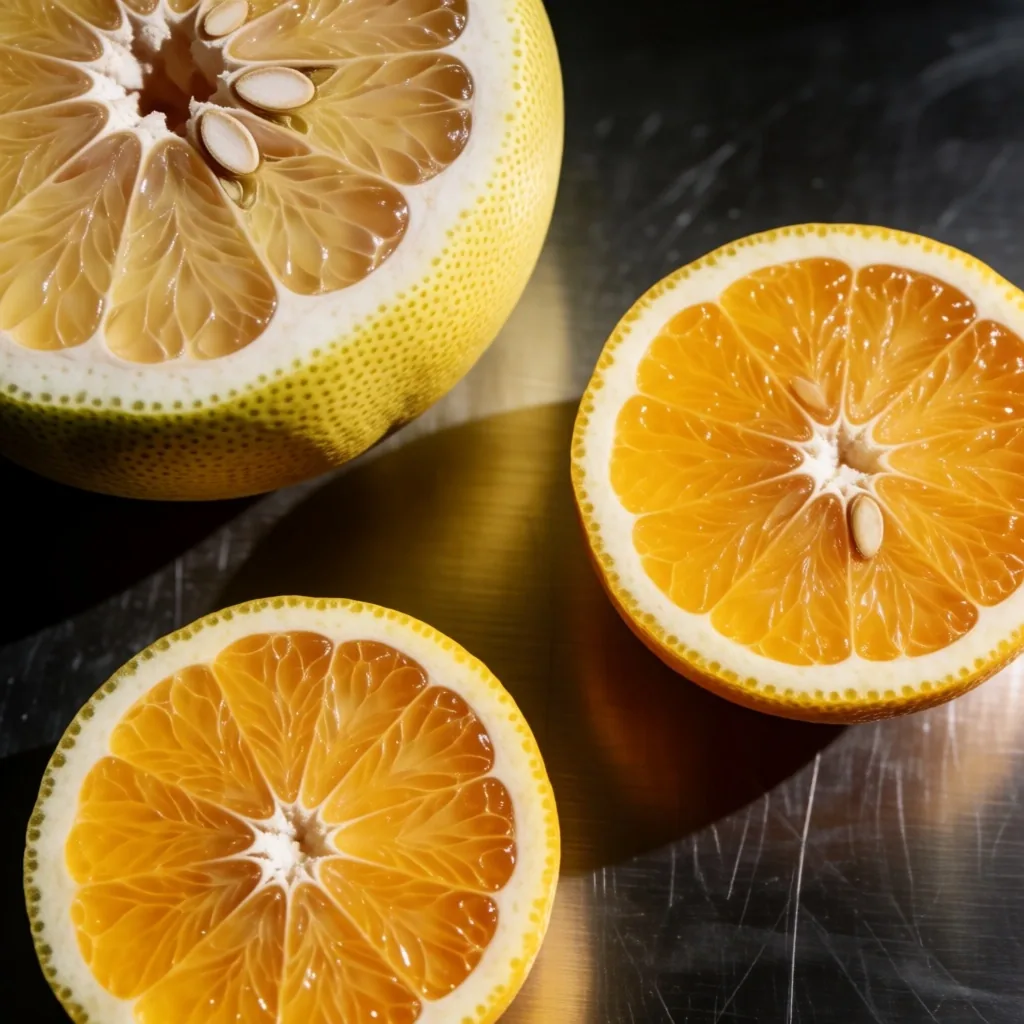 Citrus fruit cross-section on dark steel