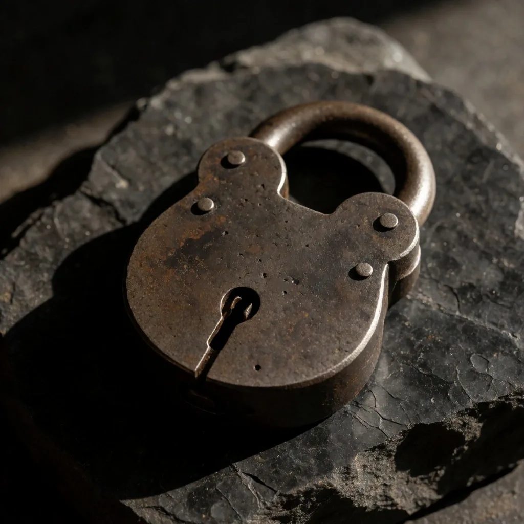 Iron padlock on dark basalt stone surface