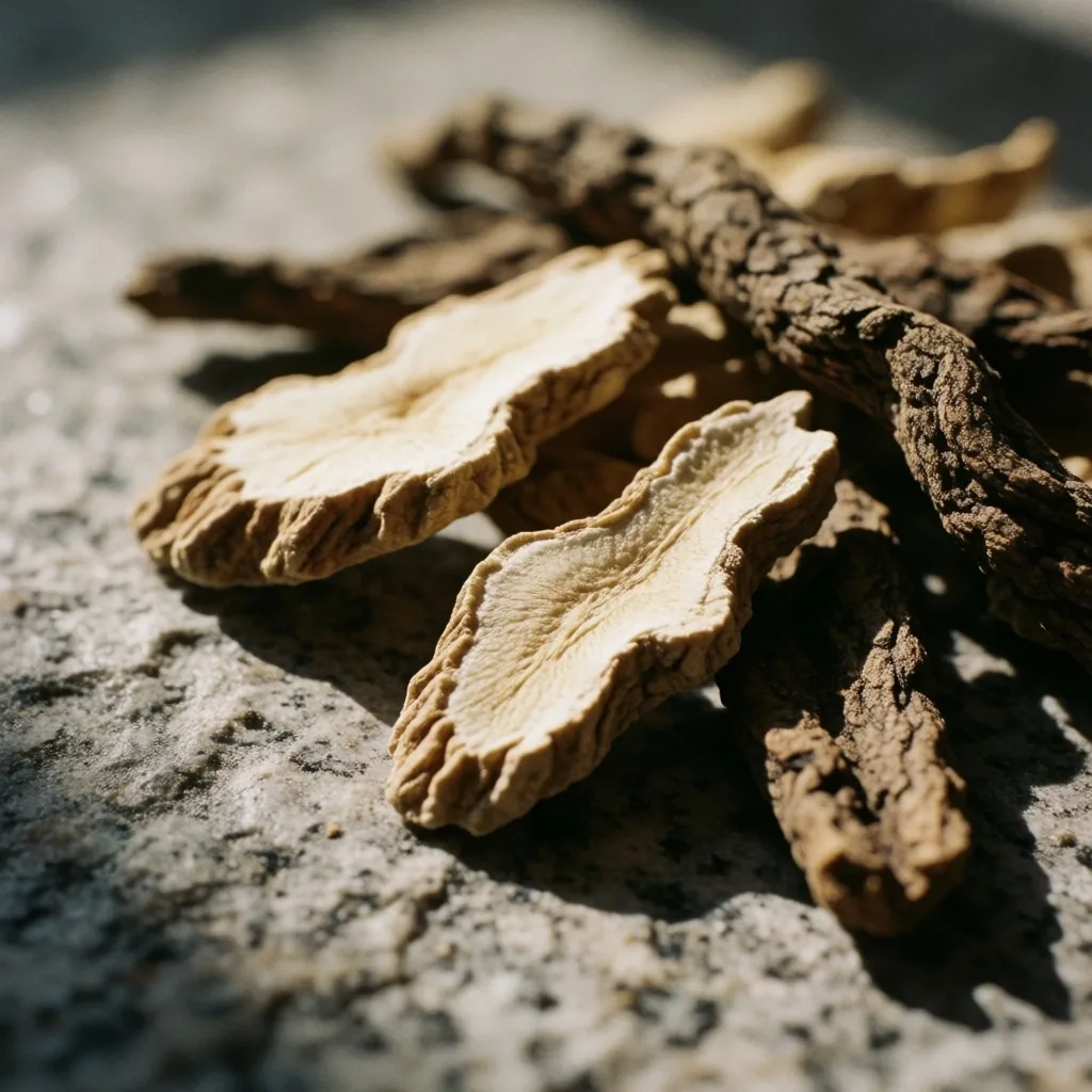 Dried botanical root specimens on granite surface