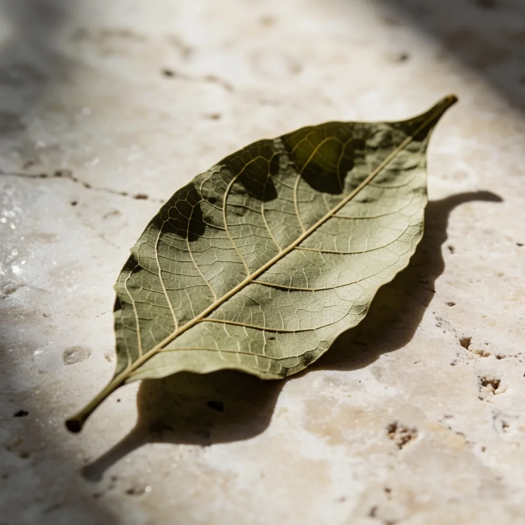 Dried botanical leaf on a granite slab under directional light