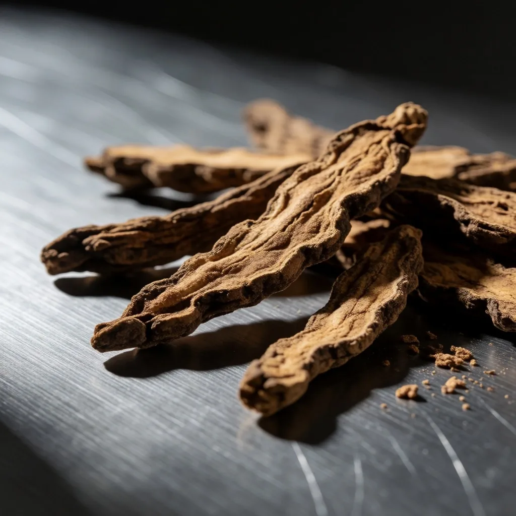 Dried botanical roots on a steel surface