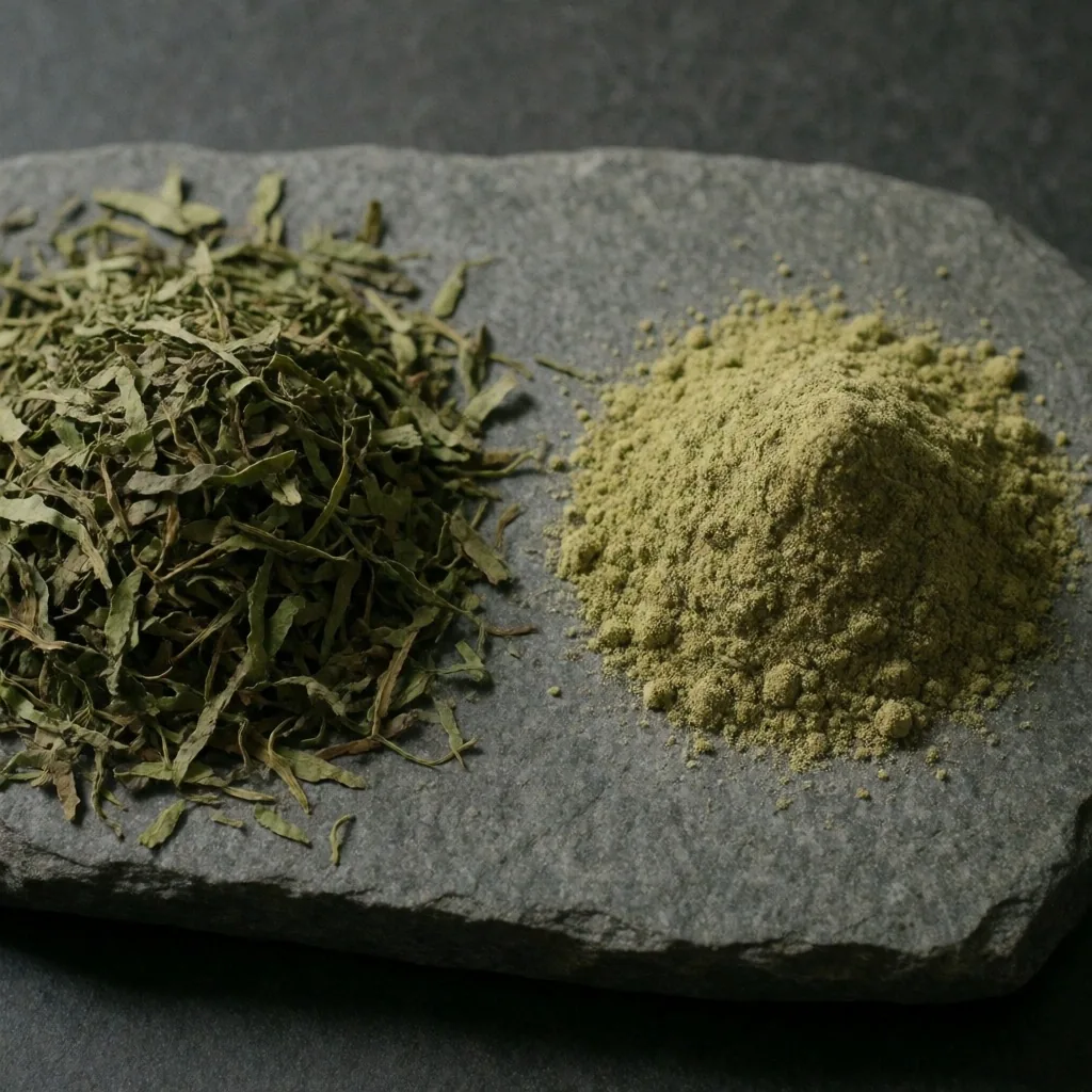 Herbal powder measured on stone surface